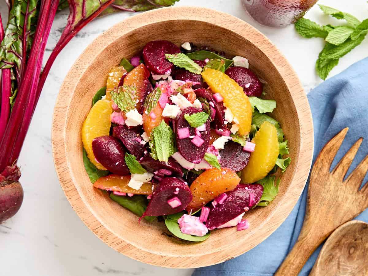 Overhead view of a beetroot salad in a bowl.