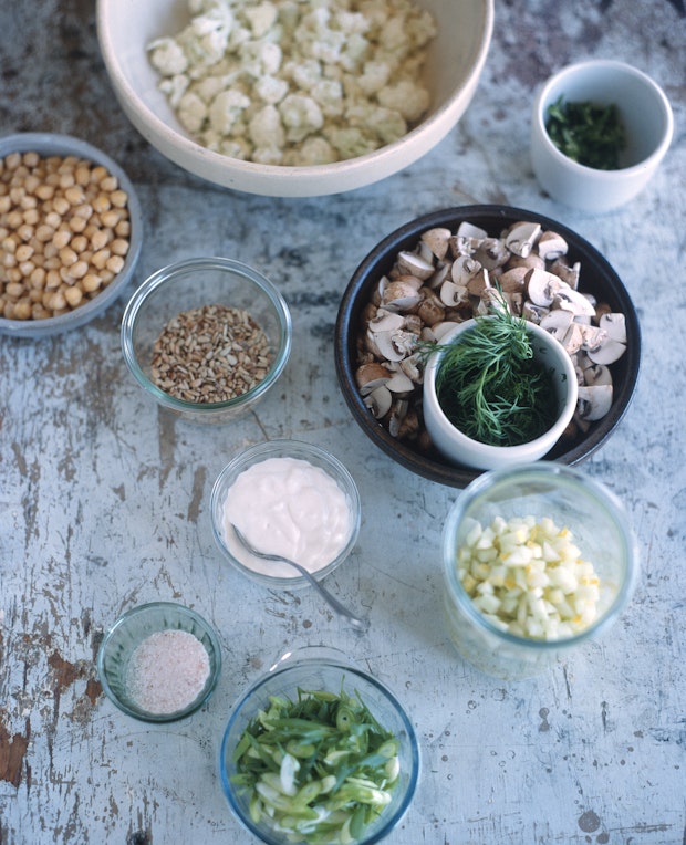 ingredients for cauliflower salad on kitchen counter 