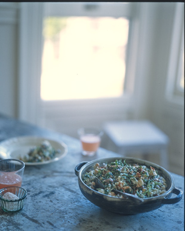 cauliflower salad in a serving bowl on a table