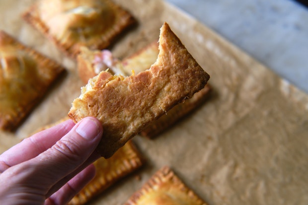 The golden crispy base of peach hand pie