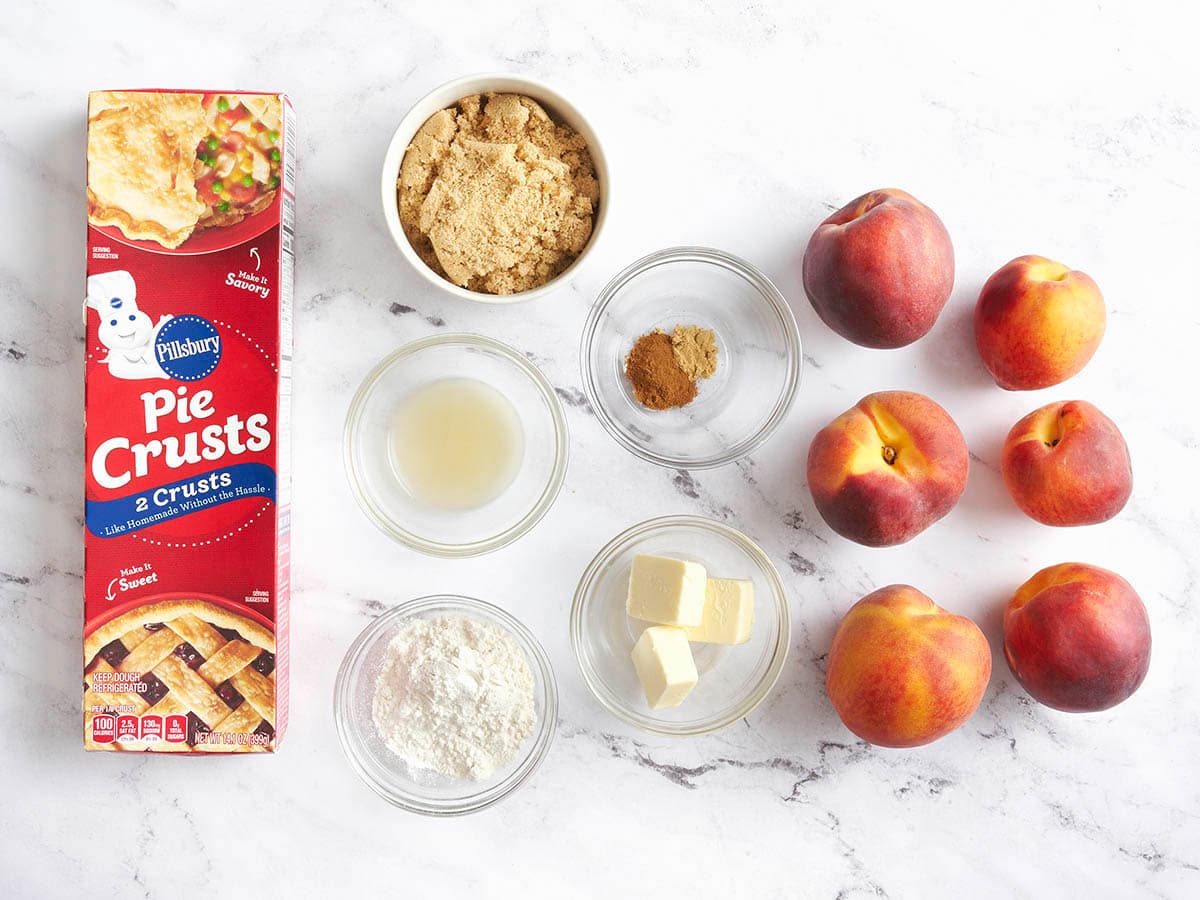 The ingredients to make peach pie.