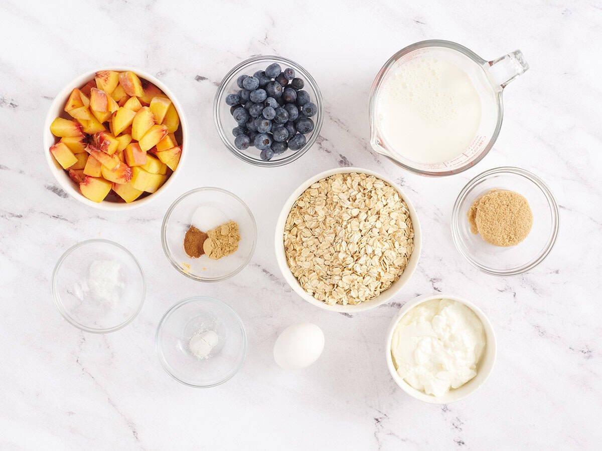 The ingredients to make baked oatmeal.