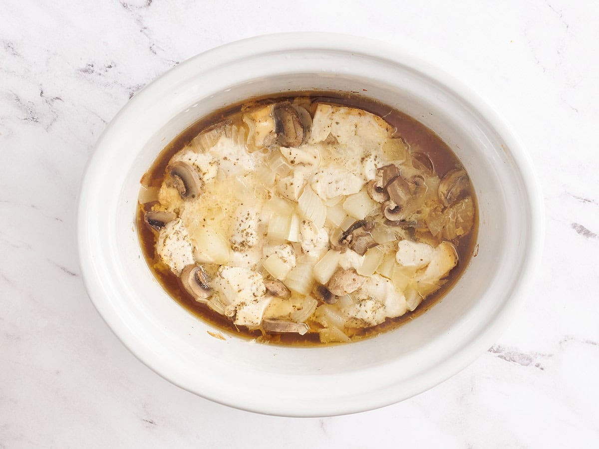 Crockpot chicken tetrazzini after 4 hours of cooking.