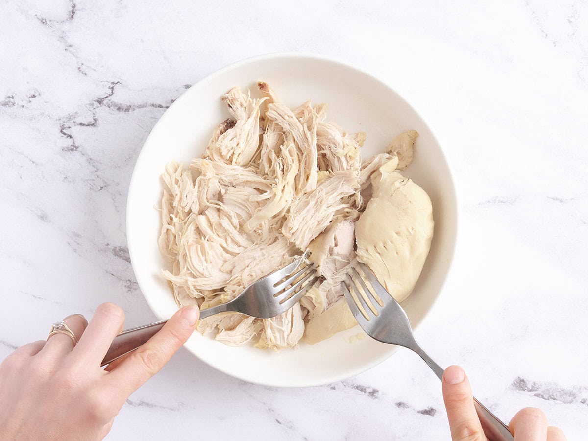 Two forks shredding chicken breasts on a plate.