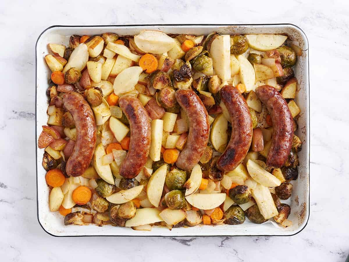 Baked Oktoberfest sheet pan brats and vegetables.