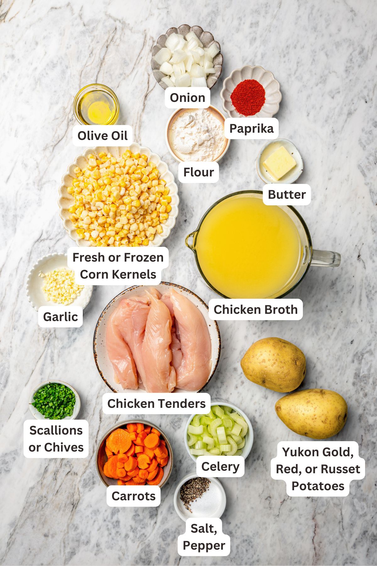 Overhead view of ingredients for chicken corn chowder.