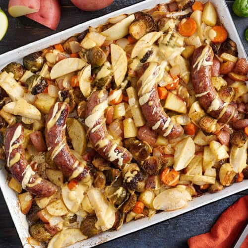 Overhead view of Oktoberfest sheet pan brats.