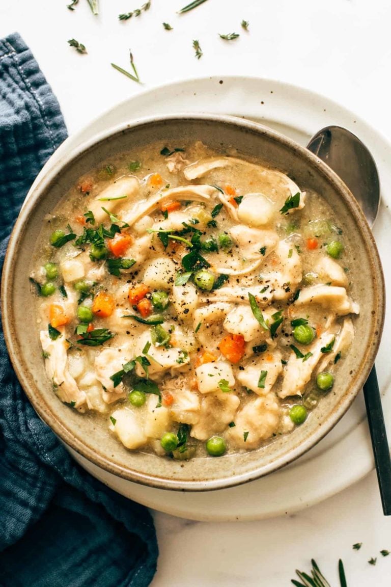 Chicken and dumplings in a bowl.