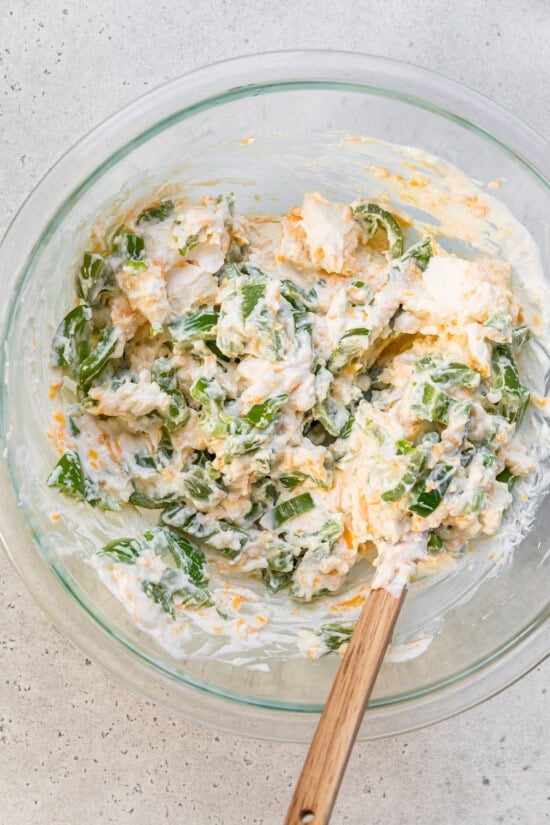 Mix with the cream cheese, yogurt and cheese