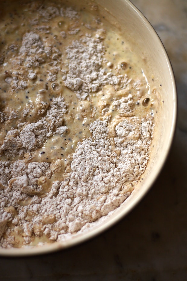 multigrain waffle batter in a mixing bowl