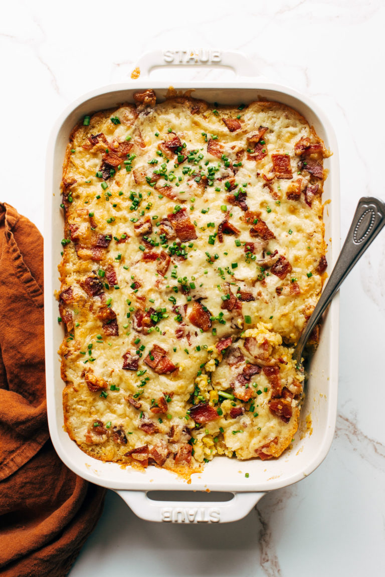 Favorite corn casserole in a dish.
