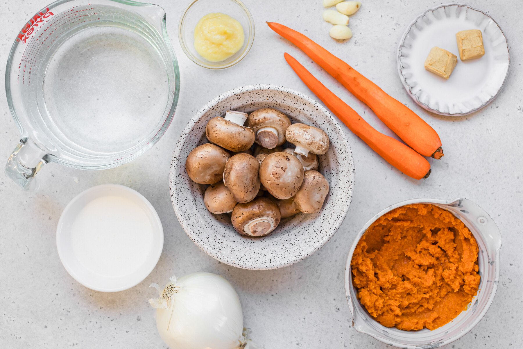 ngredients for Healing Pumpkin Ginger Coconut Soup — canned pumpkin, carrots, onions, mushrooms, ginger, garlic, and coconut milk