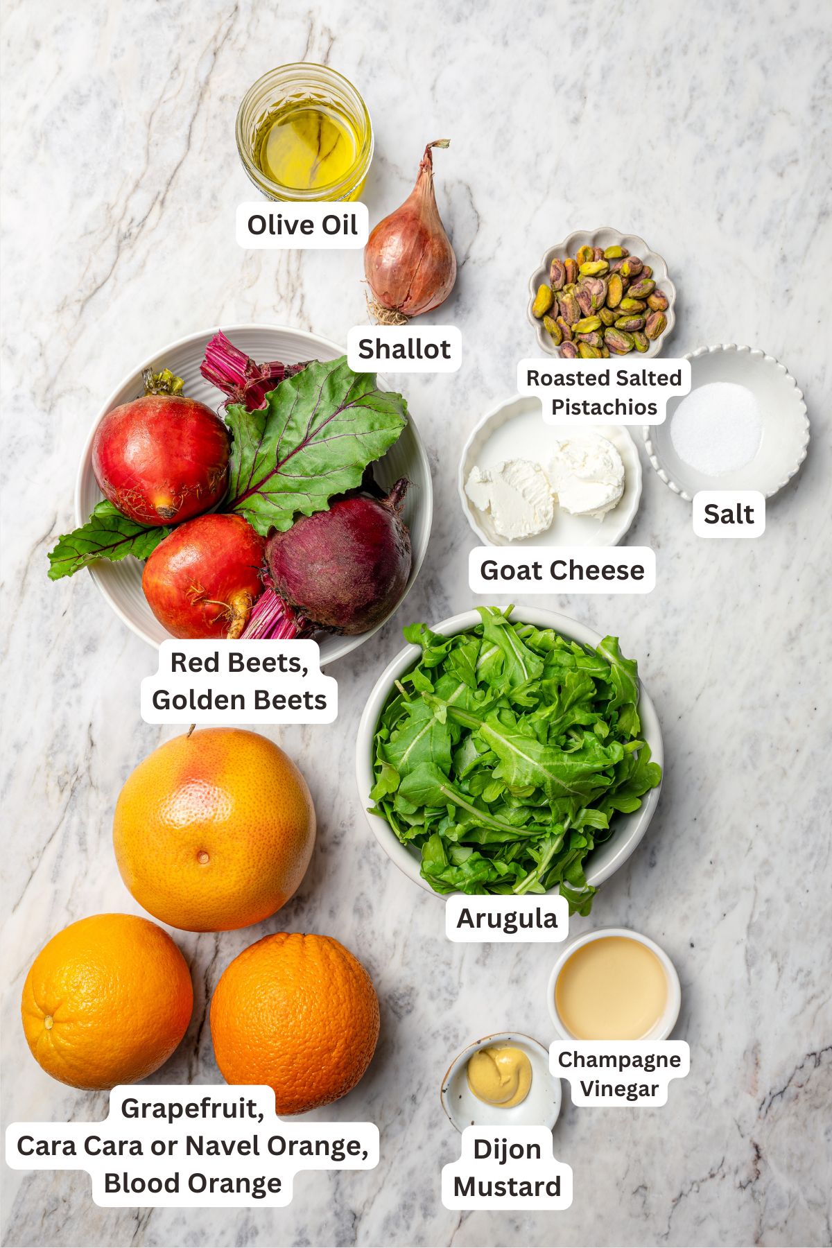 Ingredients for roasted beet and citrus salad with labels.