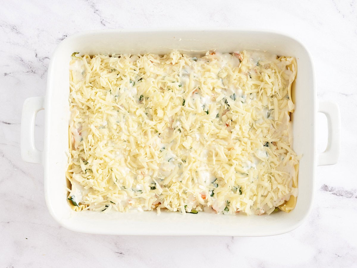 A seafood lasagna topped with mozzarella.