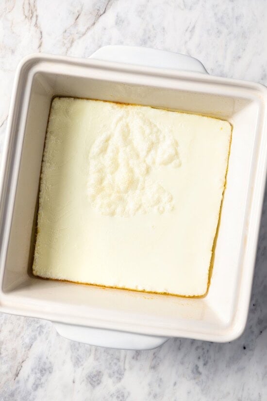 Baked egg white omelet in pan.