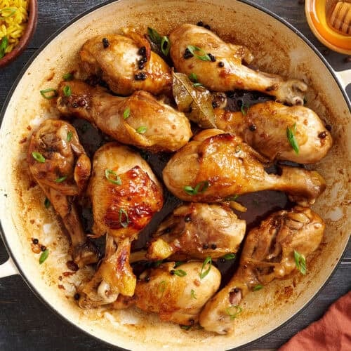 Overhead view of homemade chicken adobo rice in a pan.